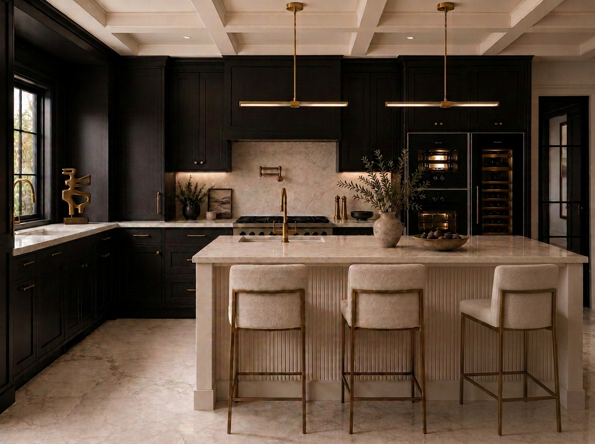 Dark lacquer kitchen with a cream coffered ceiling, light stone island, marble flooring, and a brass sculpture beside the window